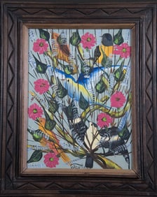 Original Haitian Painting by W. Abellard Blue and Yellow Bird with Wings Spread