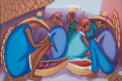 Original Haitian Painting by Petion Savain Men and Women at the Market