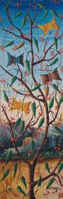 Original Haitian Painting by D. Gourgue Butterflies in a Flowering Bush