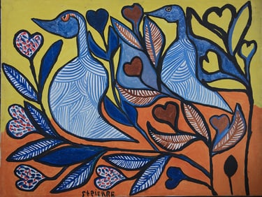 Original Haitian Painting by St.Pierre Toussaint Blue Birds and Hearts