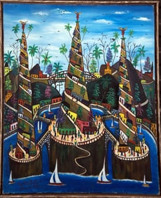 Original Haitian Painting by Prefete Duffaut Village Imaginaires