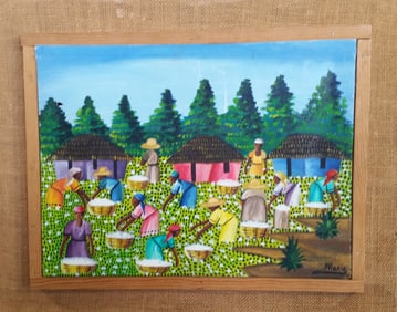 Original Haitian Painting by Marie Picking Cotton