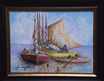Original Haitian Painting by JeanMadsen Gilles Sailboats (Red and Yellow)