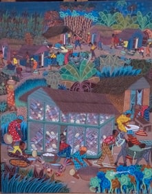 Original Haitian Painting by Jean Emmanuel Village Life Chicken Coop