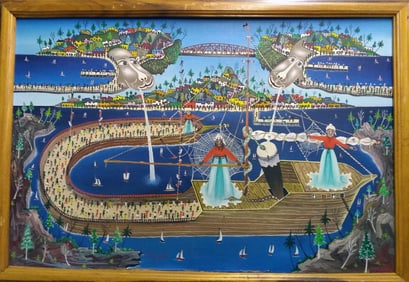 Original Haitian Painting by Prefete Duffaut Le bateau infini, 1980