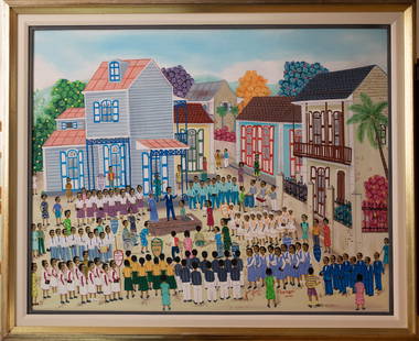 Original Haitian Painting by Jean-Baptiste Jean School Yard Ceremonial Celebration: Original Haitian Painting by Jean-Baptiste Jean School Yard Ceremonial Celebration-Oil on Board