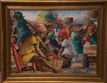 Original Haitian Painting by Ernst Joseph Haitian Market Scene, Ernst Joseph