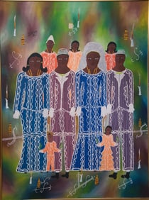 Original Haitian Painting by Fritz Damas Multiple Female Figures in Ceremonial Attire