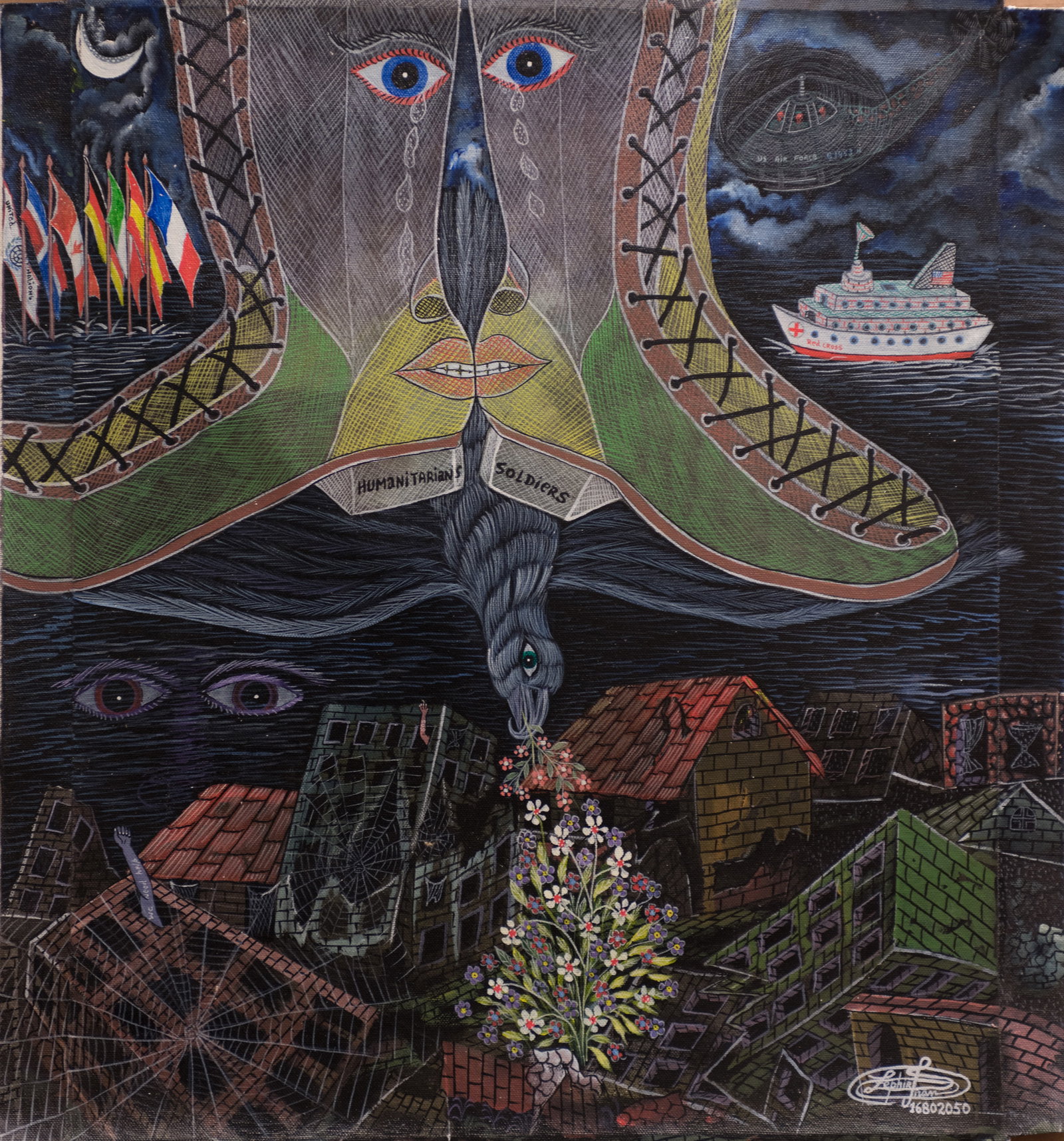 Frantz Zephirin Original Haitian Painting-Humanitarians/Soldiers: Frantz Zephirin Original Haitian Painting-Humanitarians/Soldiers acrylic on canvas