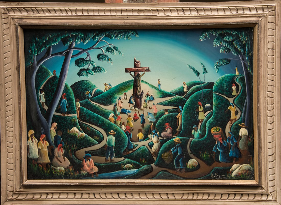Bourmond Byron Original Haitian Painting Crucifixion: Bourmond Byron Original Haitian Painting Crucifixion-Oil on Masonite