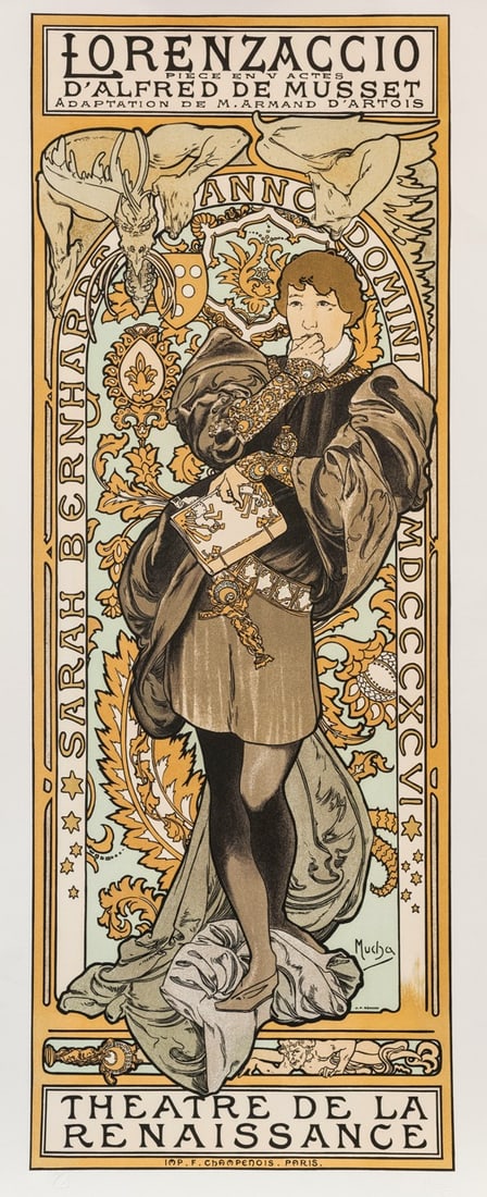 Lorenzaccio by Alphonse Mucha: Lorenzaccio by Alphonse Muchais a Fine Art hand pulled Lithograph. Recreated from the original image by Alphonse Mucha under the endorsement of The Mucha Foundation. The lithograph was pulled on rives