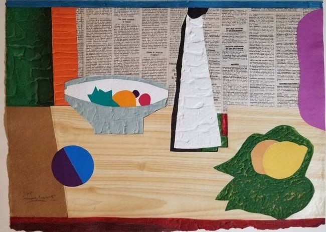 Etching by Max Papart: This fabulous color carborundum gravure with collage on hand-made paper is by the artist, Max Papart. Titled Hommage à Picasso II, it is hand signed and numbered in pencil from the edition of 1/75 on