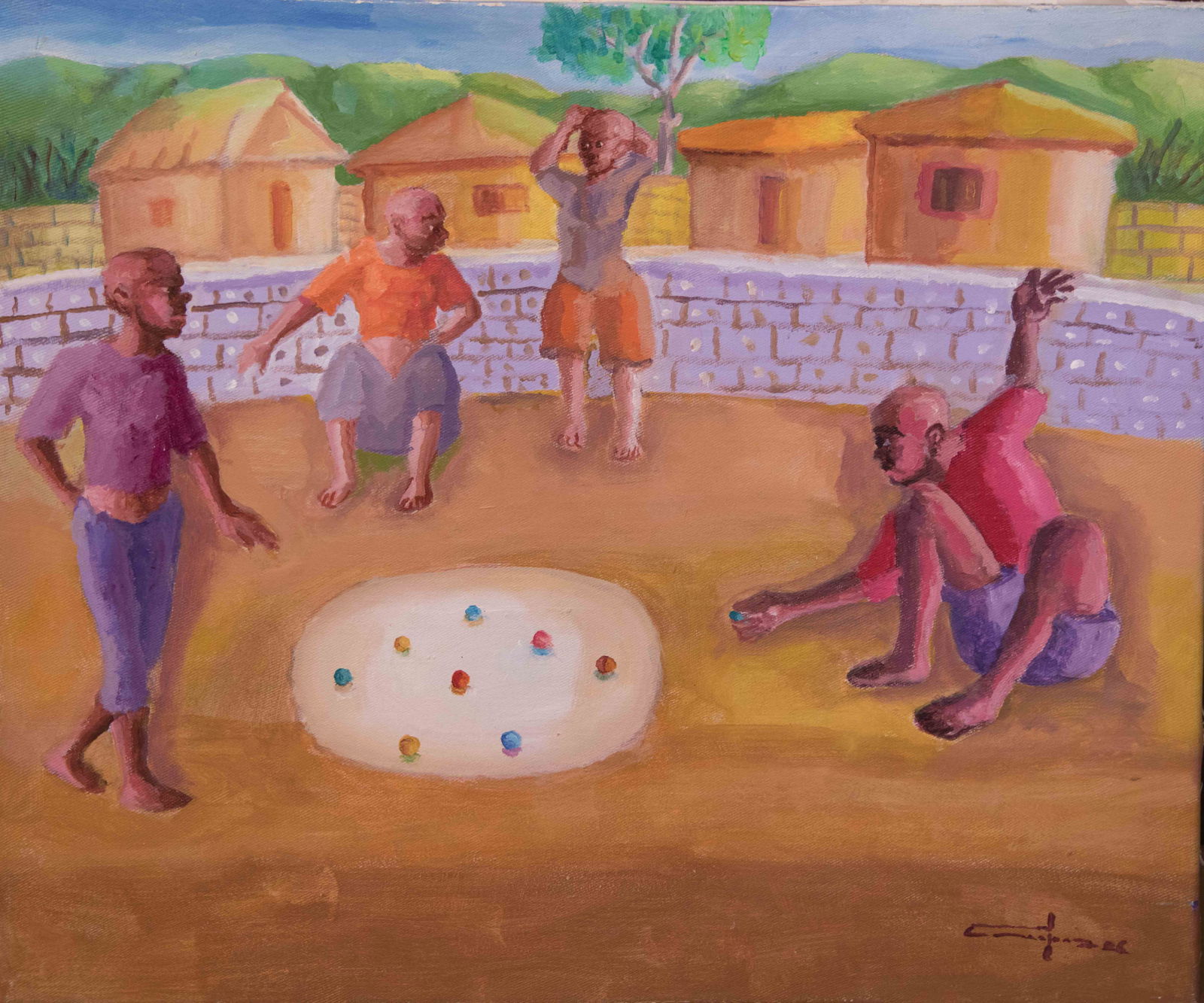 Original Haitian Painting by Dieudonne Cedor Playing Marbles: Playing Marbles Original Haitian Painting by Dieudonne Cedor Oil on Canvas