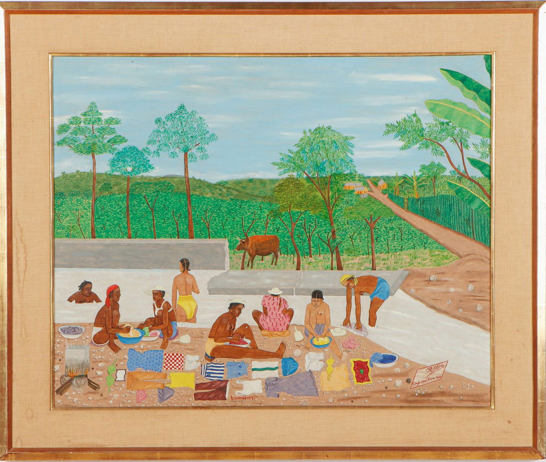 River Scene - Haitian Painting by Philome Obin: River Scene - Haitian Painting by Philome Obin Framed, Oil on Board FRAMED GMS FAVORITE