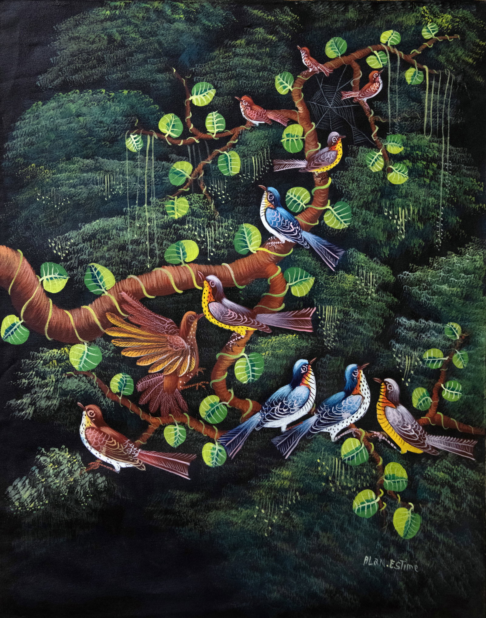 Birds on Tree Branch - Haitian Painting by Aland Estime: Birds on Tree Branch - Haitian Painting by Aland Estime No Frame, Not Stretched, Acrylic on Canvas