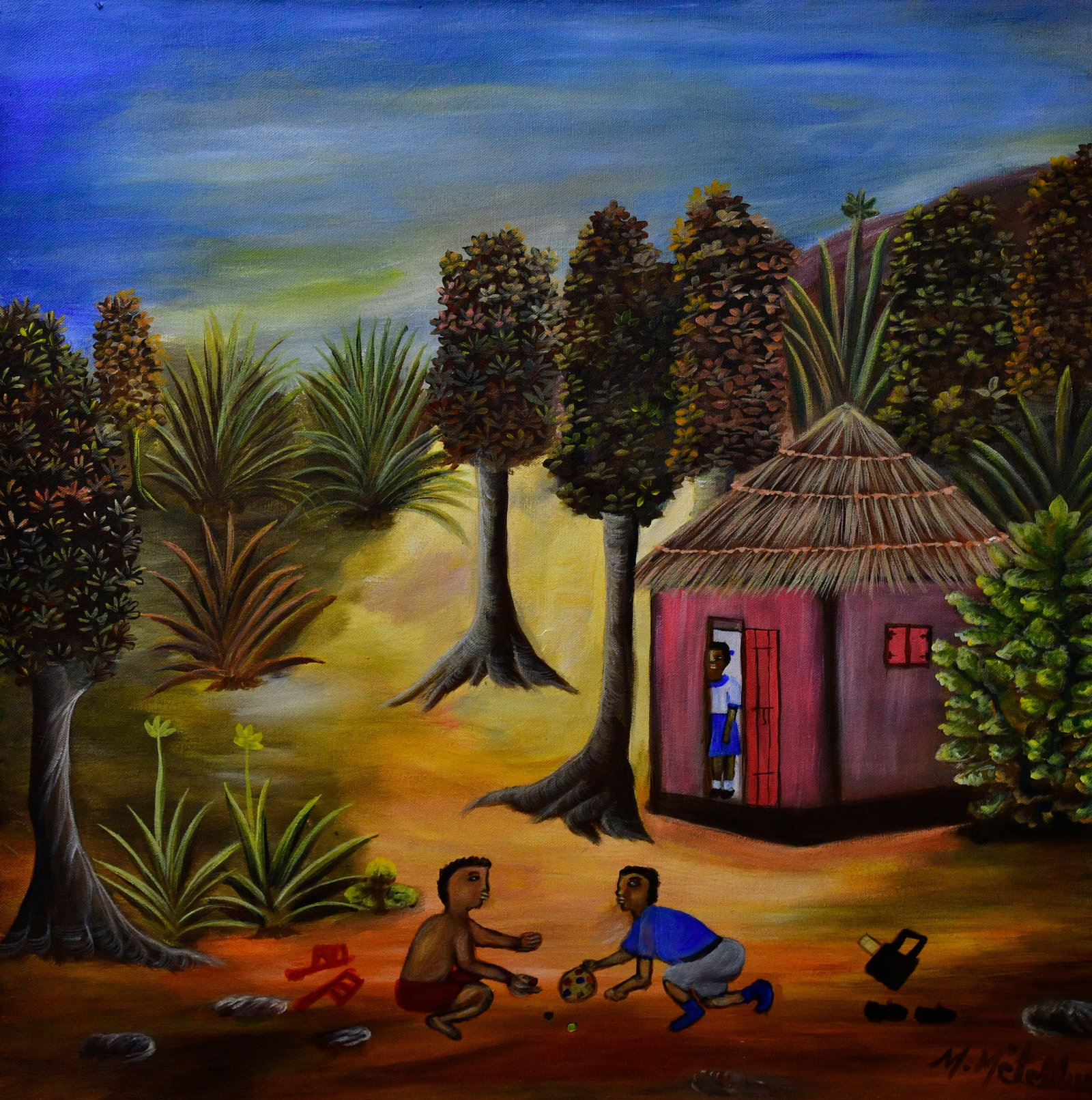 Playing Marbles - Haitian Painting by Madeleine Metellus: Playing Marbles - Haitian Painting by Madeleine Metellus No Frame, Not Stretched, Acrylic on Canvas