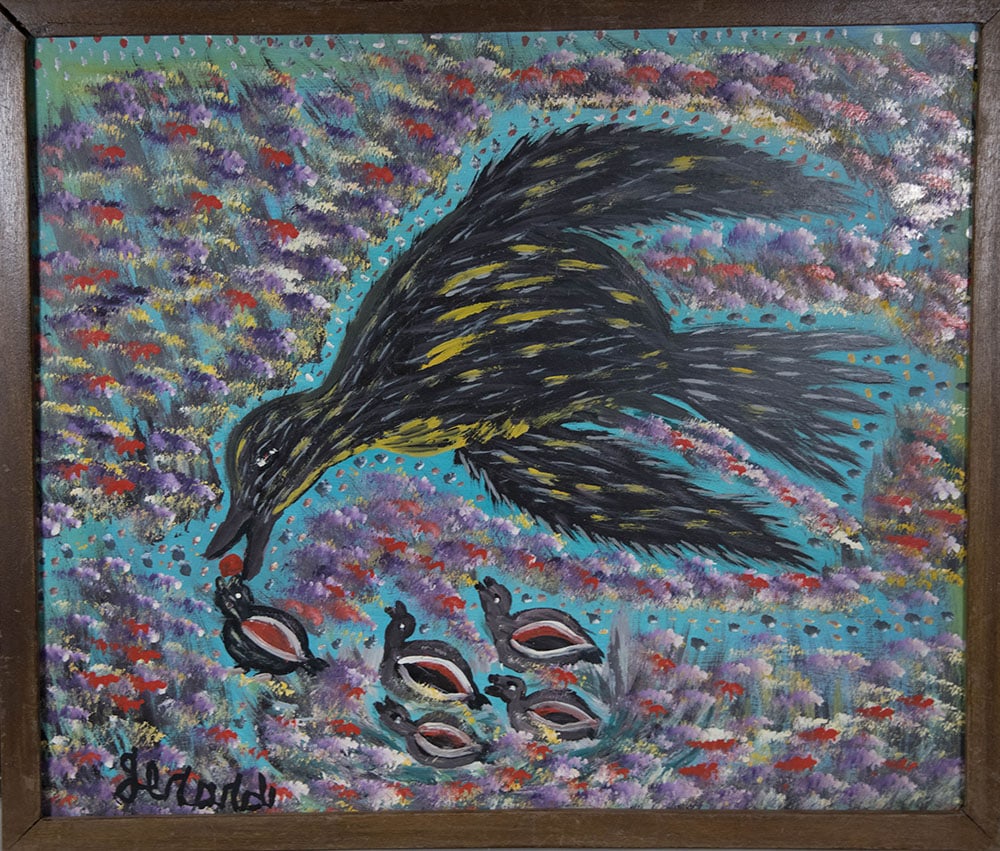Mother Black Bird Feeding Her Young - Haitian Painting by Gerard Fortune (1 of 1)