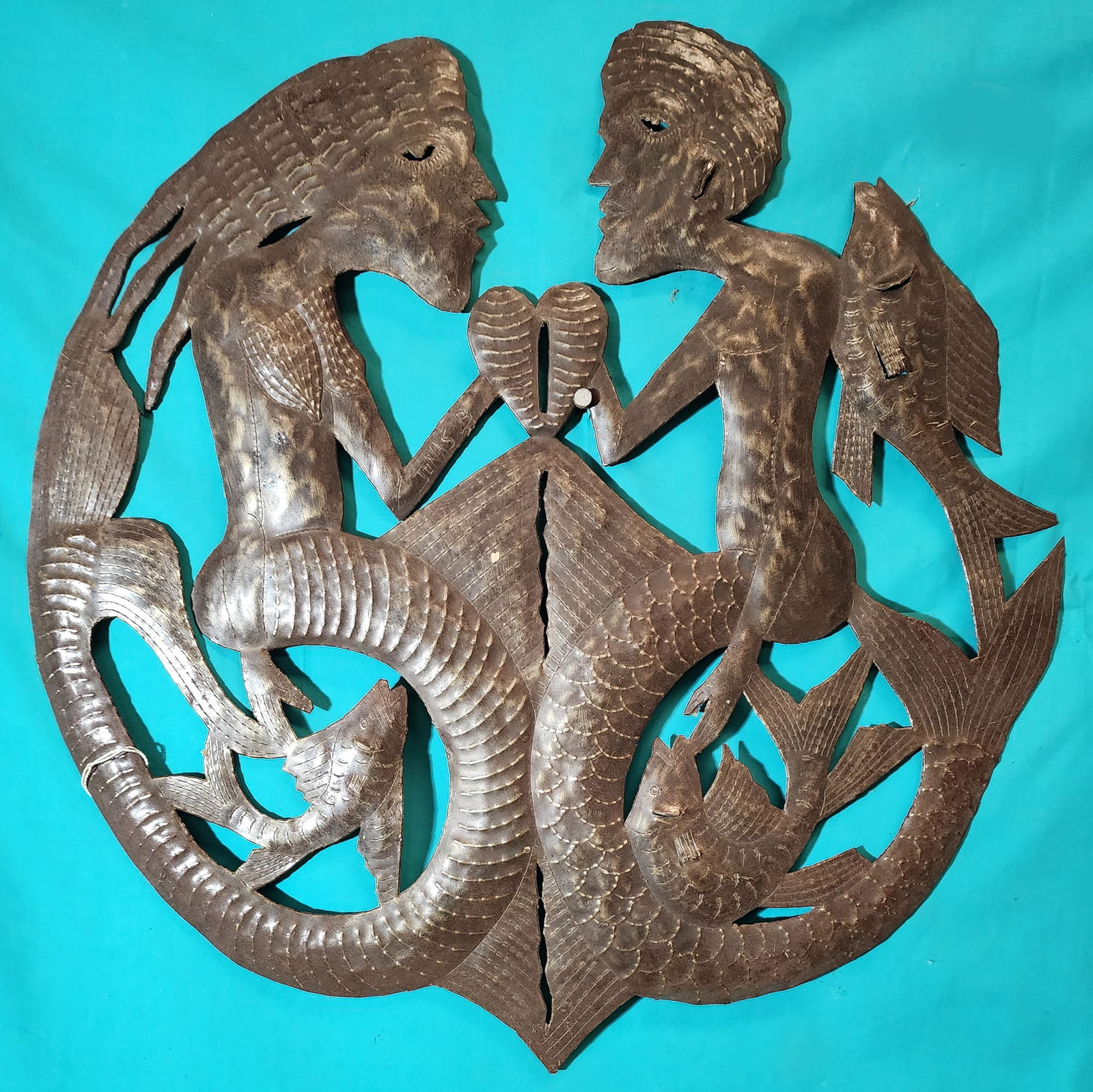 Merman and Mermaid with Heart - Haitian Metal Sculpture by Jonas Balan: Merman and Mermaid with Heart - Haitian Metal Sculpture by Jonas Balan Hand Carved Metal Sculpture