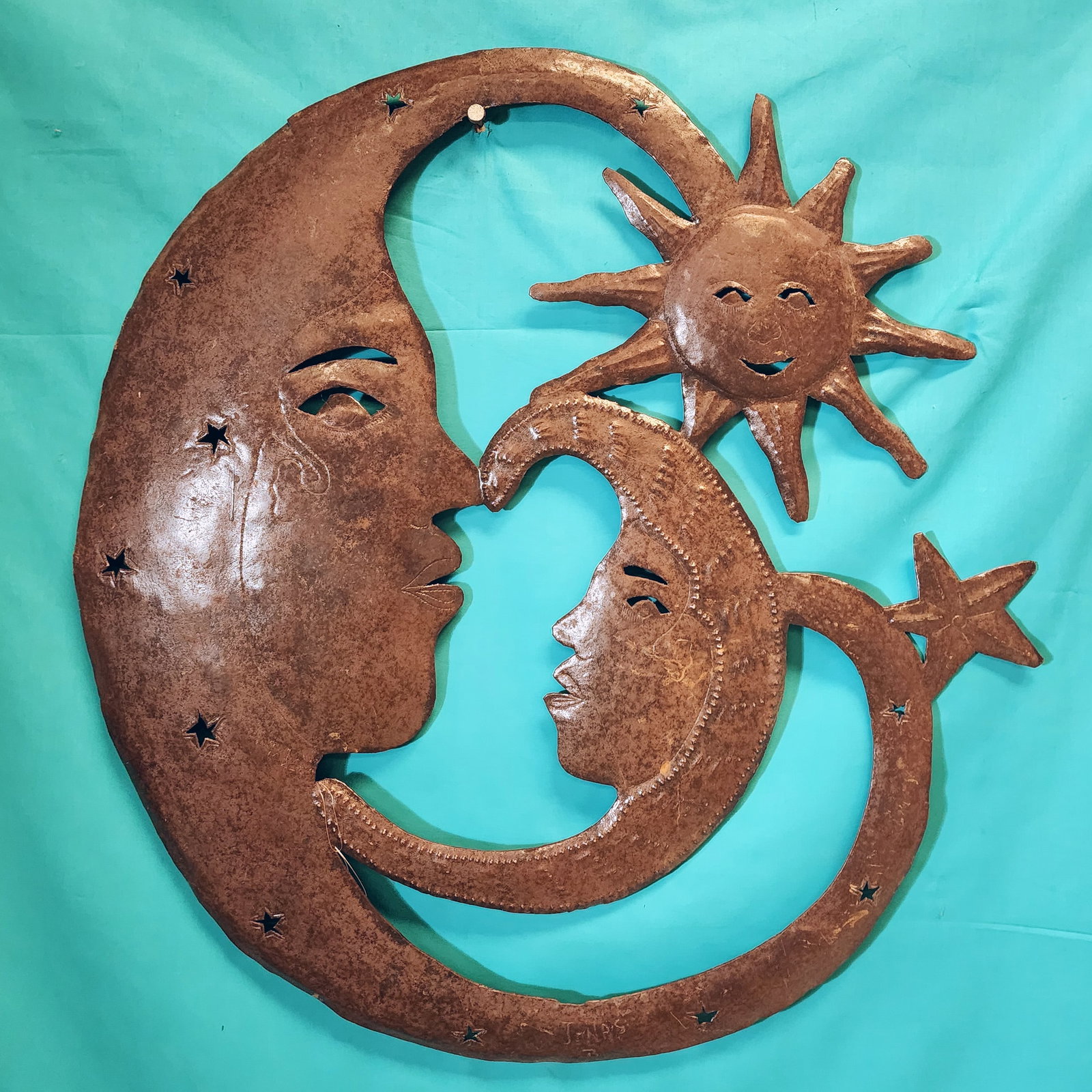 Sun and the Moon & Stars - Haitian Metal Sculpture by Jonas: Sun and the Moon & Stars - Haitian Metal Sculpture by Jonas Hand Carved Metal Sculpture