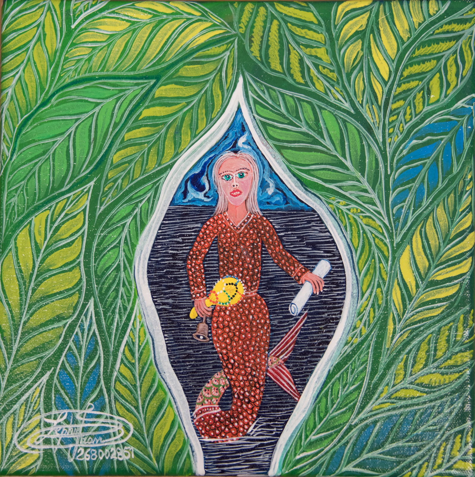 Original Haitian Painting by Frantz Zephirin: Original Haitian Painting by Frantz Zephirin Lady Mermaid Behind the Leaves Acrylic on Canvas No Frame Stretched Provenance: Purchased from Artist by Glenn Stokes Frantz Zephirin Born in 1968 and star