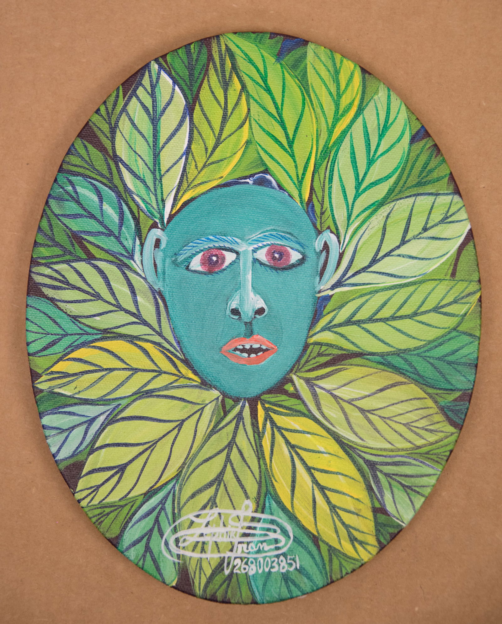 Original Haitian Painting by Frantz Zephirin: Original Haitian Painting by Frantz Zephirin Green Leafy Face Acrylic on Canvas No Frame Stretched Provenance: Purchased from Artist by Glenn Stokes Frantz Zephirin Born in 1968 and started painting i