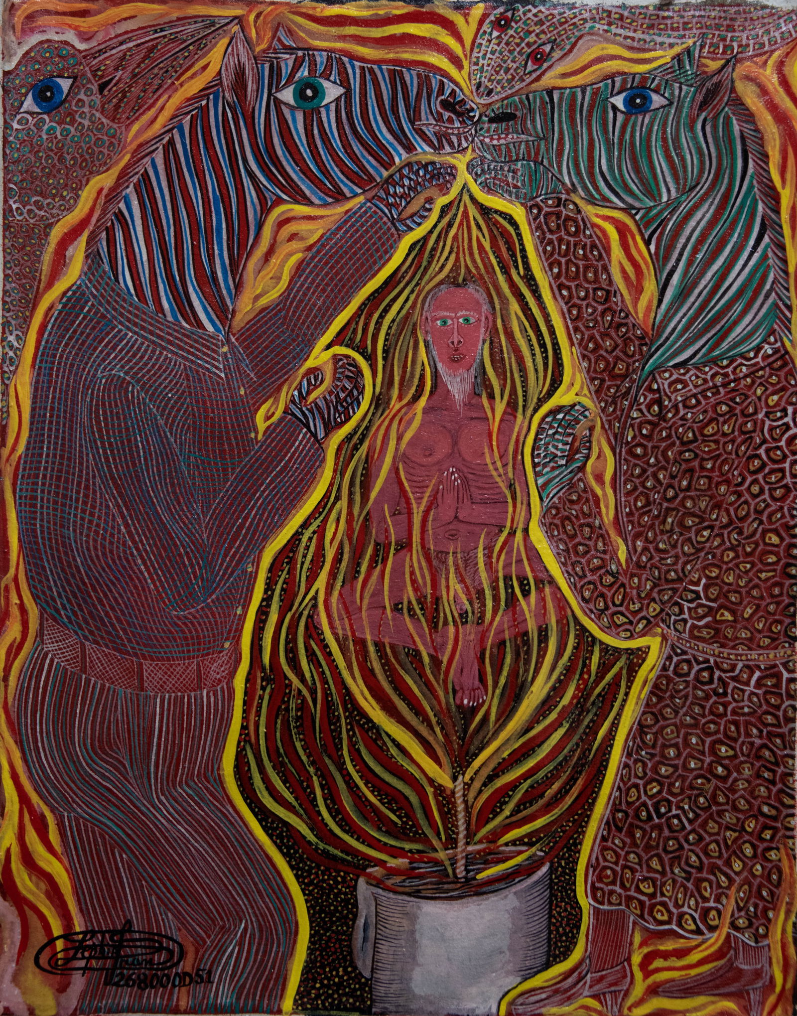 Original Haitian Painting by Frantz Zephirin: Original Haitian Painting by Frantz Zephirin L'initiation Supreme Acrylic on Canvas No Frame Not Stretched Provenance: Purchased from Artist by Glenn Stokes Frantz Zephirin Born in 1968 and started pa