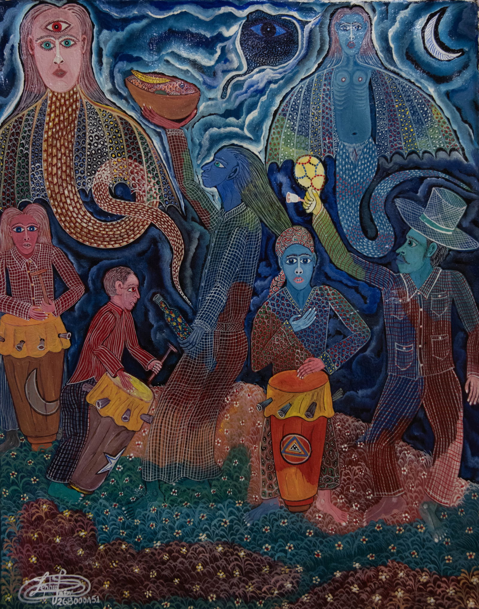 Original Haitian Painting by Frantz Zephirin: Original Haitian Painting by Frantz Zephirin Offrande auc Dieux Titulaires de la Nation Acrylic on Canvas No Frame Not Stretched Provenance: Purchased from Artist by Glenn Stokes Frantz Zephirin Born