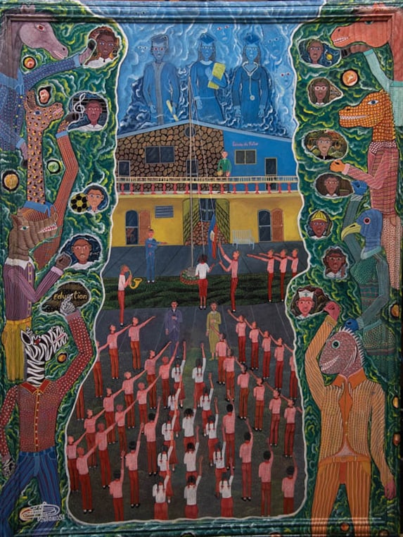 Original Haitian Painting by Frantz Zephirin: Original Haitian Painting by Frantz Zephirin C'ecole du Futur Acrylic on Board Framed Provenance: Purchased from Artist by Glenn Stokes Frantz Zephirin Born in 1968 and started painting in 1973 with t