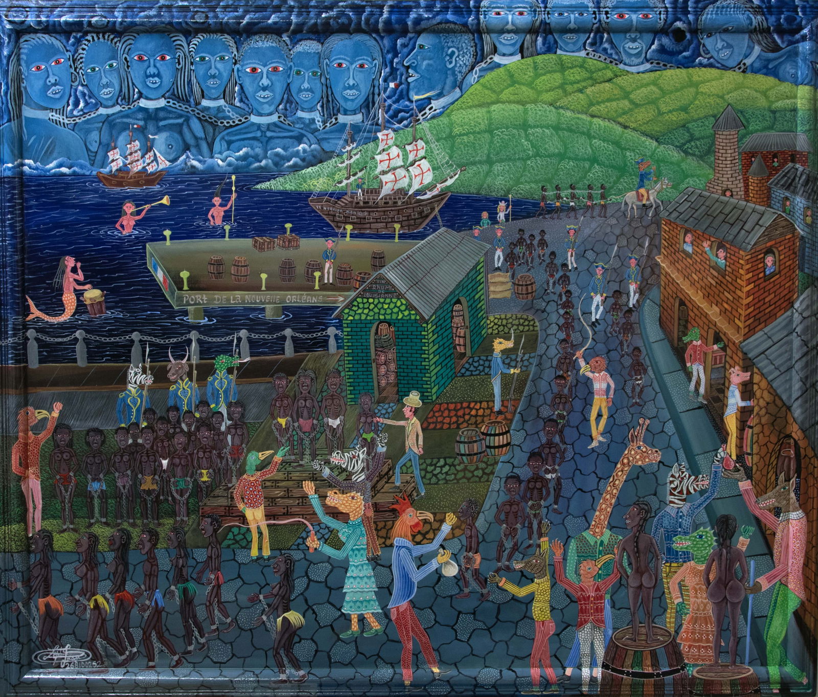 Original Haitian Painting by Frantz Zephirin: Original Haitian Painting by Frantz Zephirin Le Marche d'esclaves de la Louisiane Acrylic on Canvas Framed Provenance: Commissioned from the Artist by Glenn Stokes Frantz Zephirin Born in 1968 and sta