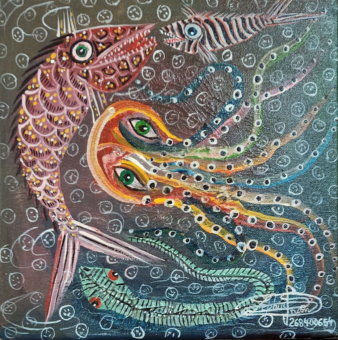 Original Haitian Painting by Frantz Zephirin: Original Haitian Painting by Frantz Zephirin Eyes under the Sea Acrylic on Canvas No Frame Stretched Provenance: Purchased from Artist by Glenn Stokes Frantz Zephirin Born in 1968 and started painting