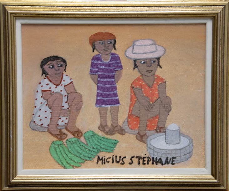 Original Haitian Painting by Micius Stephane: Original Haitian Painting by Micius Stephane Waiting for the Barge Oil on Canvas Framed Provenance: The Glenn and Yvonne Stokes Collection Micius Stephane1912-1996 Born in Bainet where he lived and wo