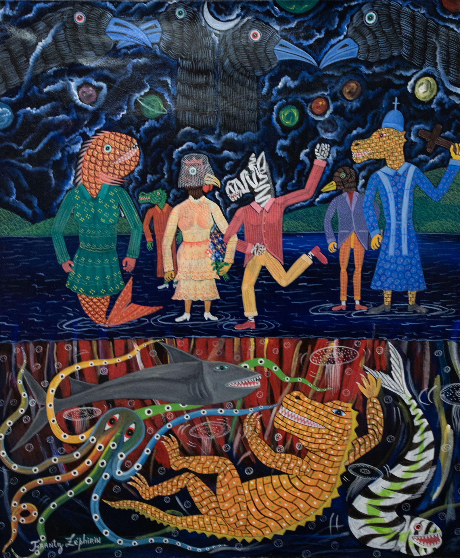 Original Haitian Painting by Frantz Zephirin Lamourpert marcher sur L'eau: Original Haitian Painting by Frantz Zephirin Lamourpert marcher sur L'eau Acrylic on Canvas No Frame Stretched