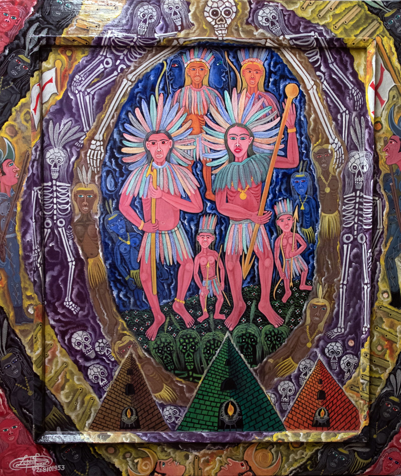 Original Haitian Painting by Frantz Zephirin Natives and their Ancestors: Original Haitian Painting by Frantz Zephirin Natives and their Ancestors Acrylic on Canvas Painted Frame