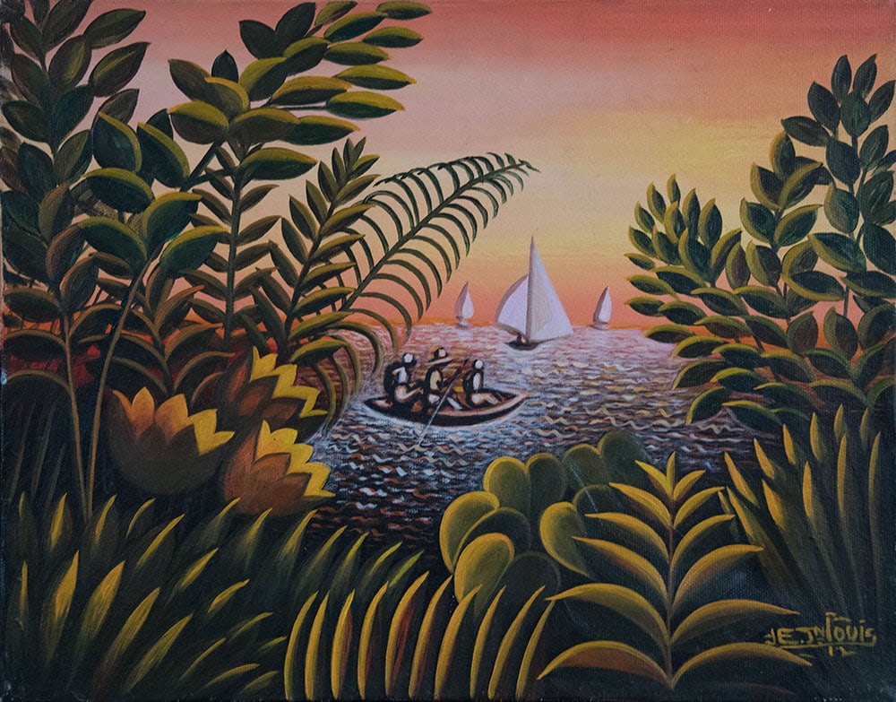 Original Haitian Painting by Eric JeanLouis Sailboats with Three Men in a Boat (1 of 1)
