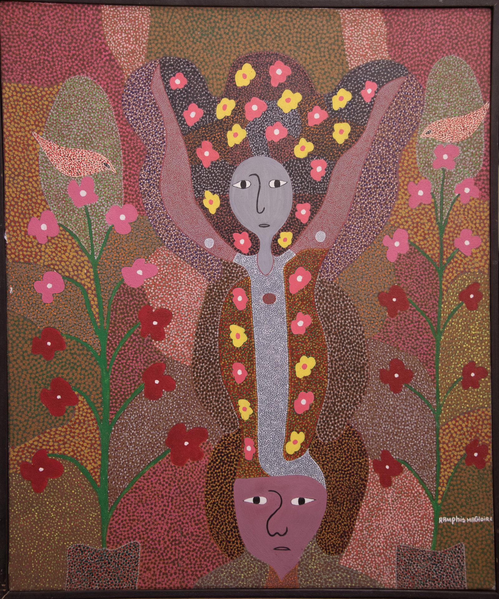 Faces Birds Flowers - Haitian Painting by Ramphis Magloire: Faces Birds Flowers - Haitian Painting by Ramphis Magloire Framed, Oil on Canvas FRAMED