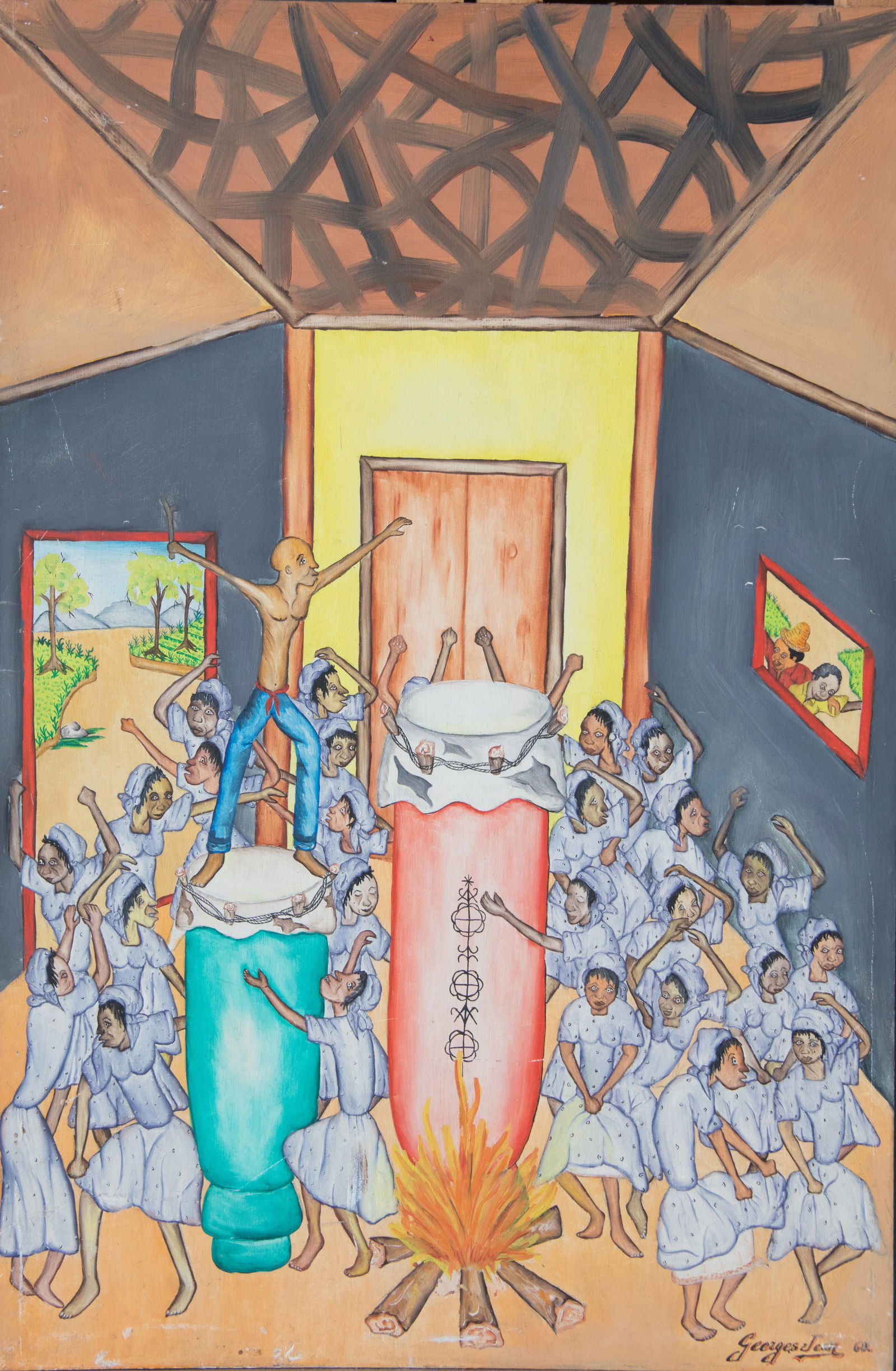 Georges Jean Original Haitian Painting-Giant Drums and Fire: Georges Jean Original Haitian Painting-Giant Drums and Fire Oil on Board