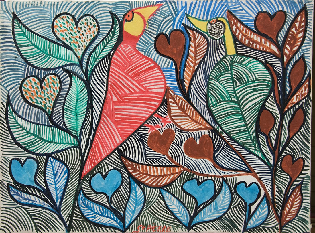 Birds Singing - Haitian Painting by St. Pierre Toussaint: Birds Singing - Haitian Painting by St. Pierre Toussaint Framed, Oil on Canvas GMS FAVORITE