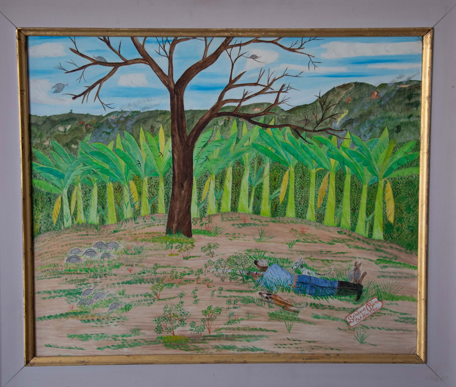 Hunting Scene Cap-Haitien - Haitian Painting by Seneque Obin: Hunting Scene Cap-Haitien - Haitian Painting by Seneque Obin Framed, Oil on Masonite FRAMED GMS FAVORITE