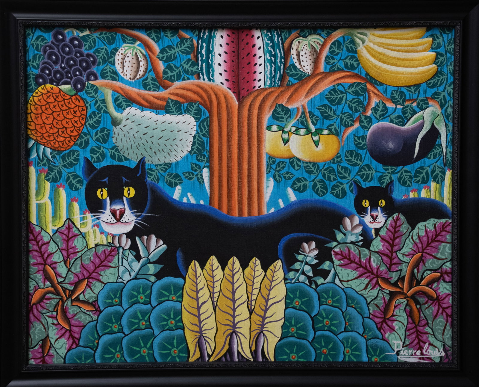 Original Haitian Painting by Pierre Louis Black Panthers in Lush Jungle: Original Haitian Painting by Pierre Louis Black Panthers in Lush Jungle Framed, Acrylic on Canvas FRAMED