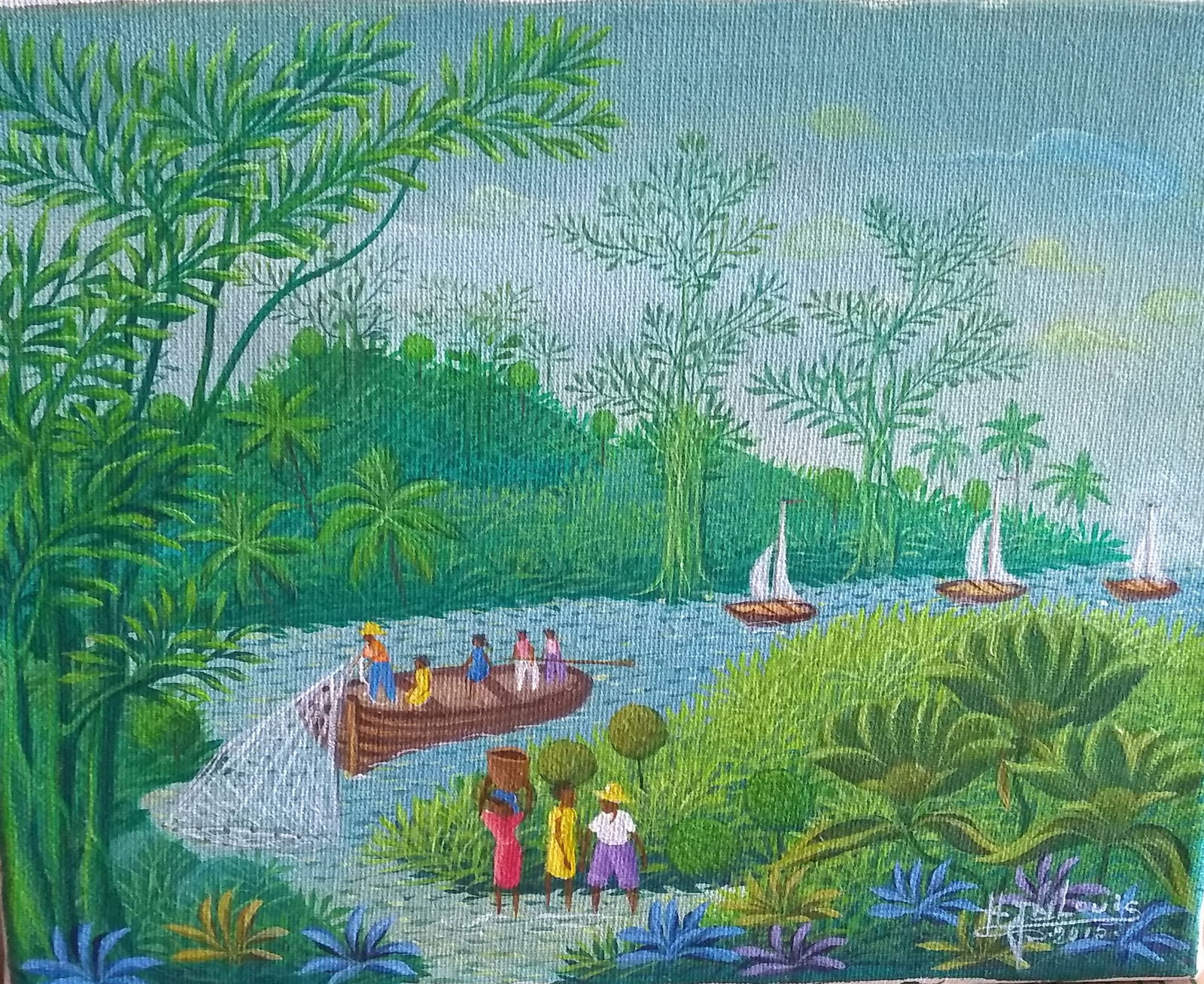 Original Haitian Painting by  Henri Jean Louis Casting for Fish (1 of 1)