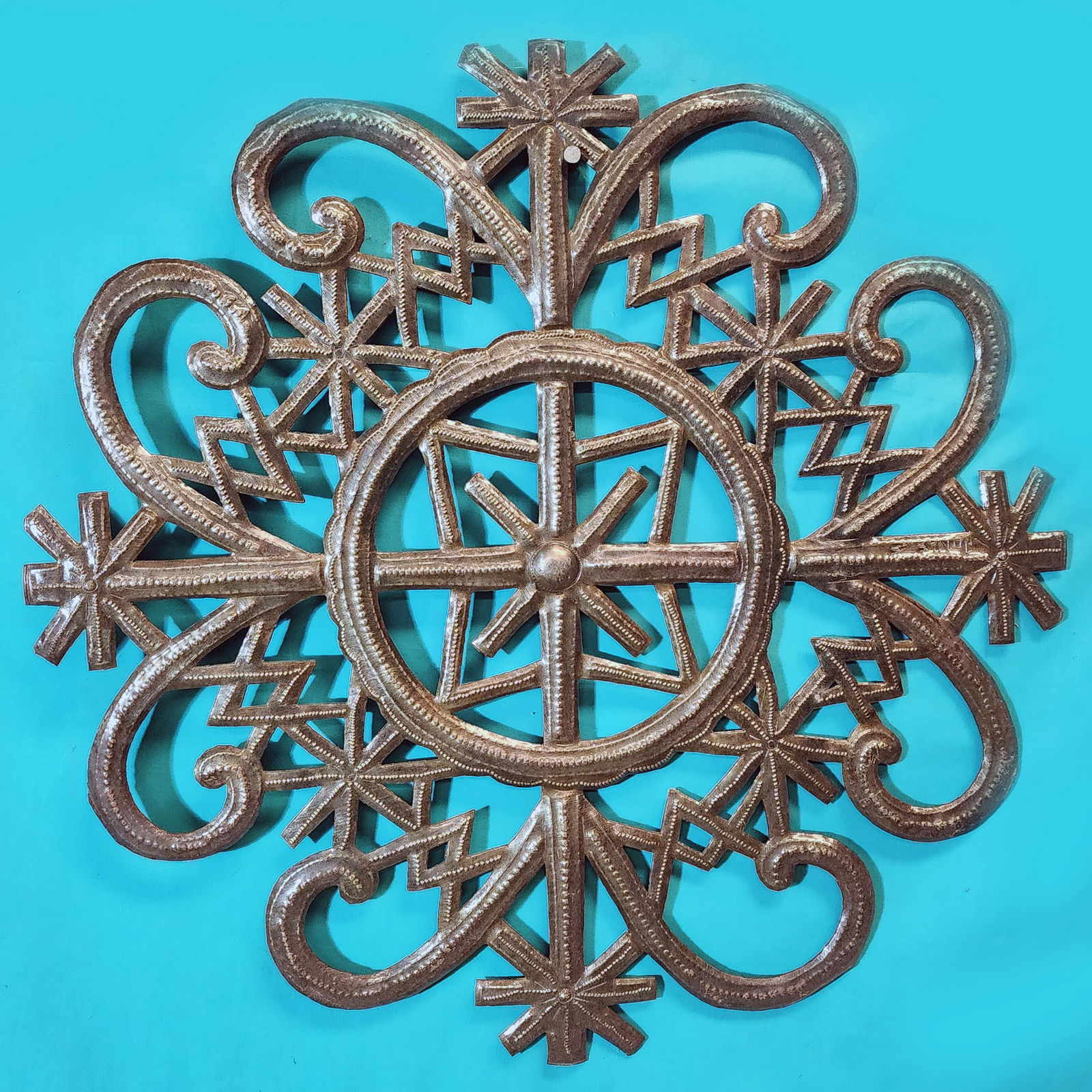 Circle with Triangles - Haitian Metal Sculpture by Jonas Balan: Circle with Triangles - Haitian Metal Sculpture by Jonas Balan Hand Carved Metal Sculpture