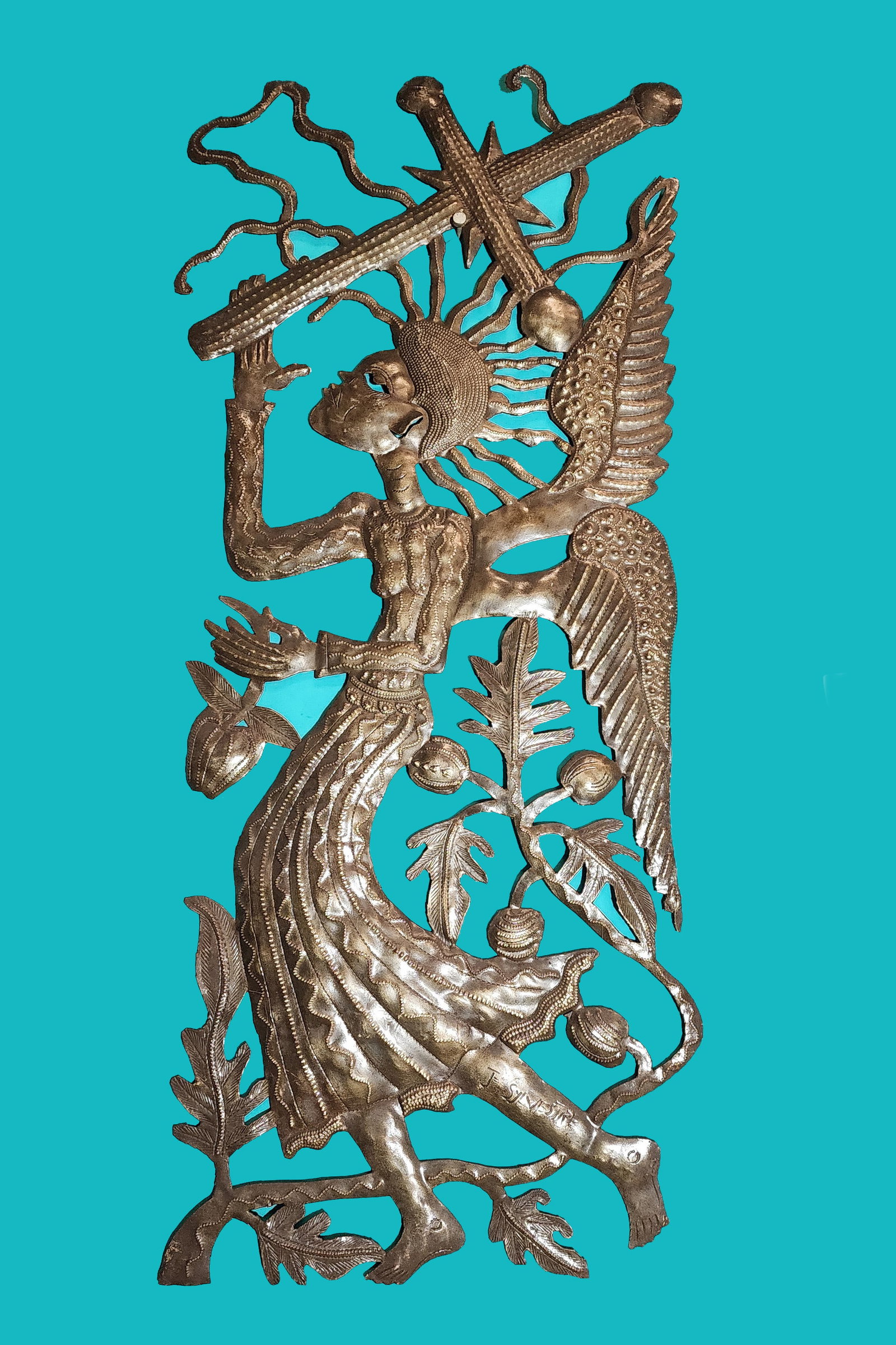Angel with Cross - Haitian Metal Sculpture by Jean Sylvestre: Angel with Cross - Haitian Metal Sculpture by Jean Sylvestre Hand Carved Metal Sculpture