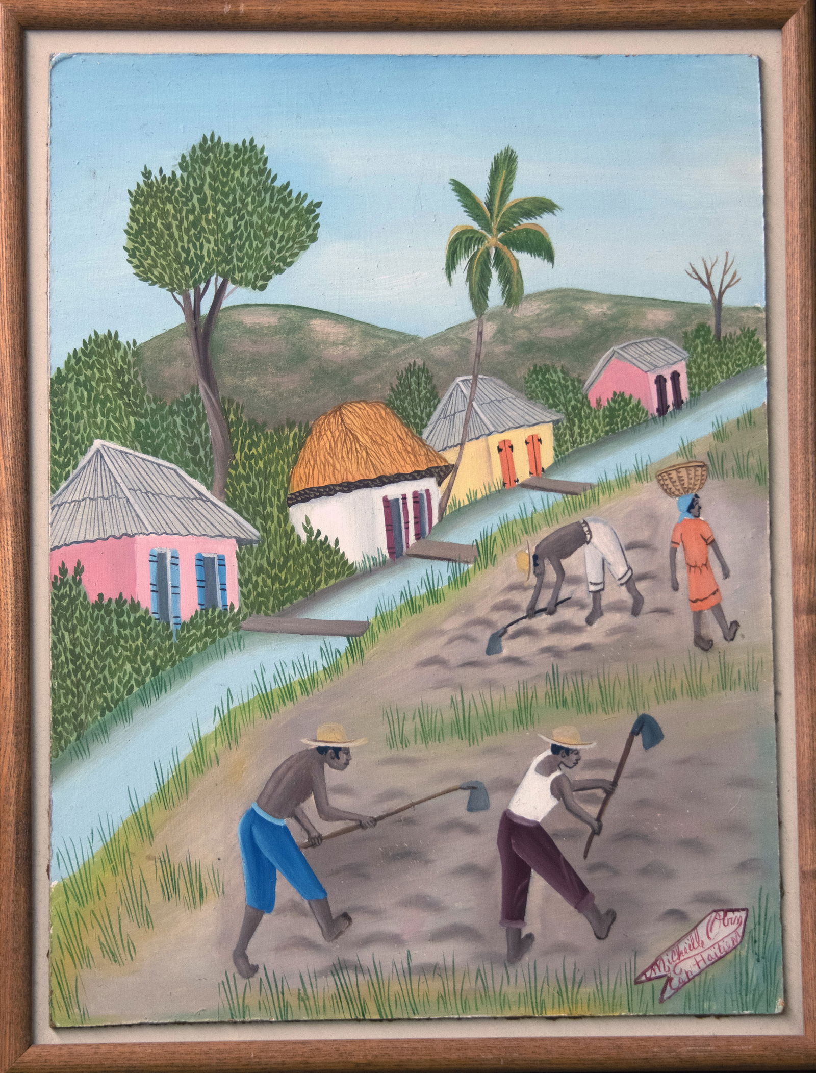 Michelle Obin Farming Original Haitian Painting: Michelle Obin Farming Original Haitian Painting Oil on Board Framed