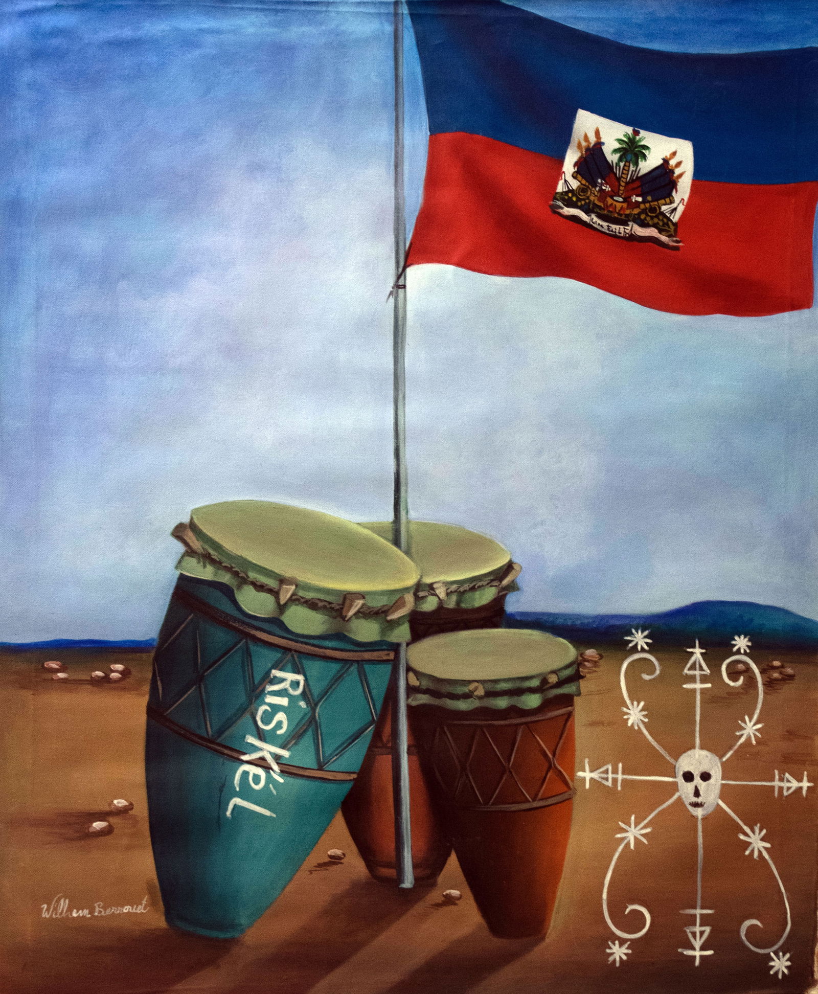 Wilhem Berrouet Haitian Flag with Vévé and 3 Drums Original Haitian Painting: Wilhem Berrouet Haitian Flag with Vévé and 3 Drums Acrylic on Canvas No Frame Not Stretched