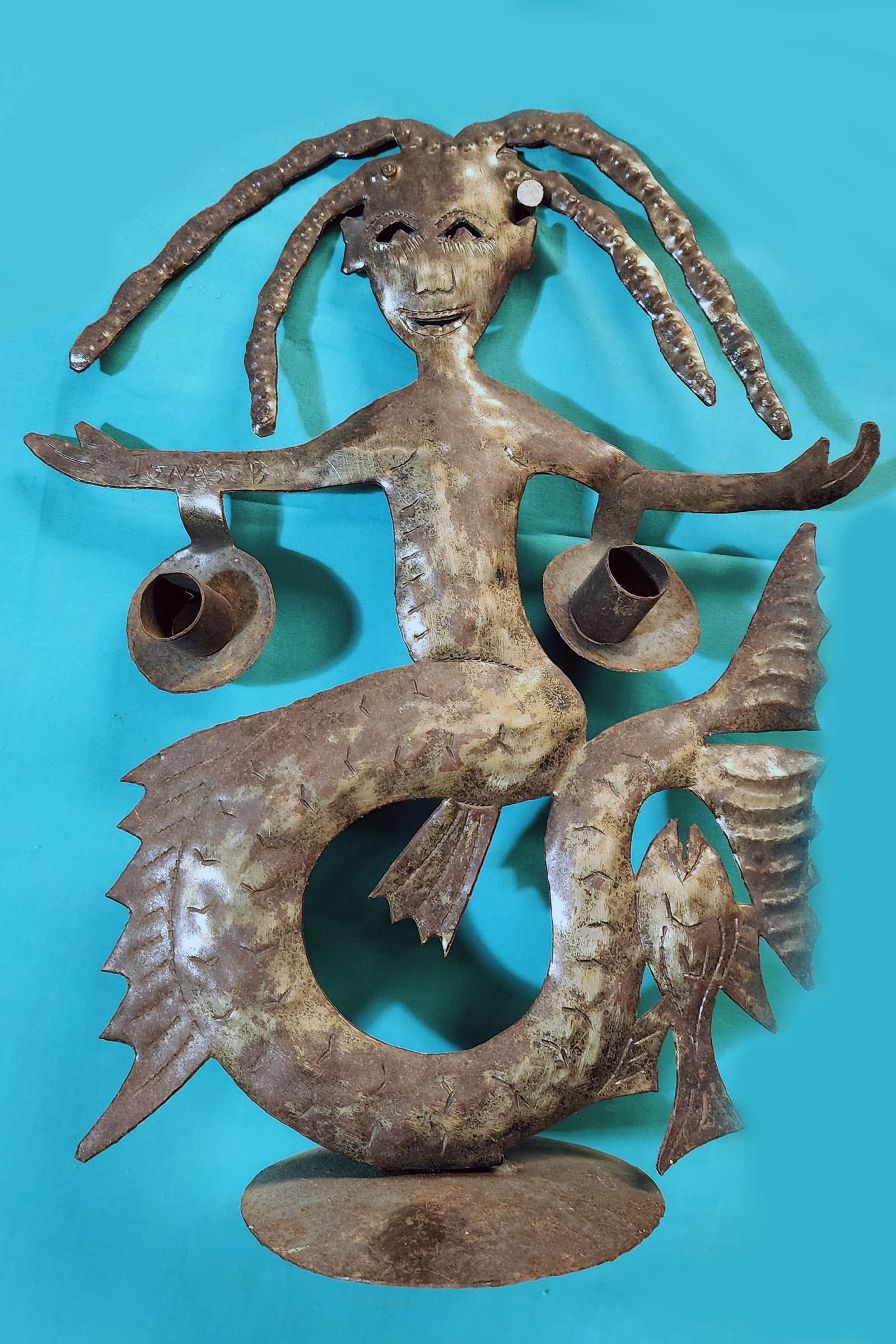 Mermaid Candle Holder on Stand - Haitian Metal Sculpture by Jonas Balan (1 of 1)