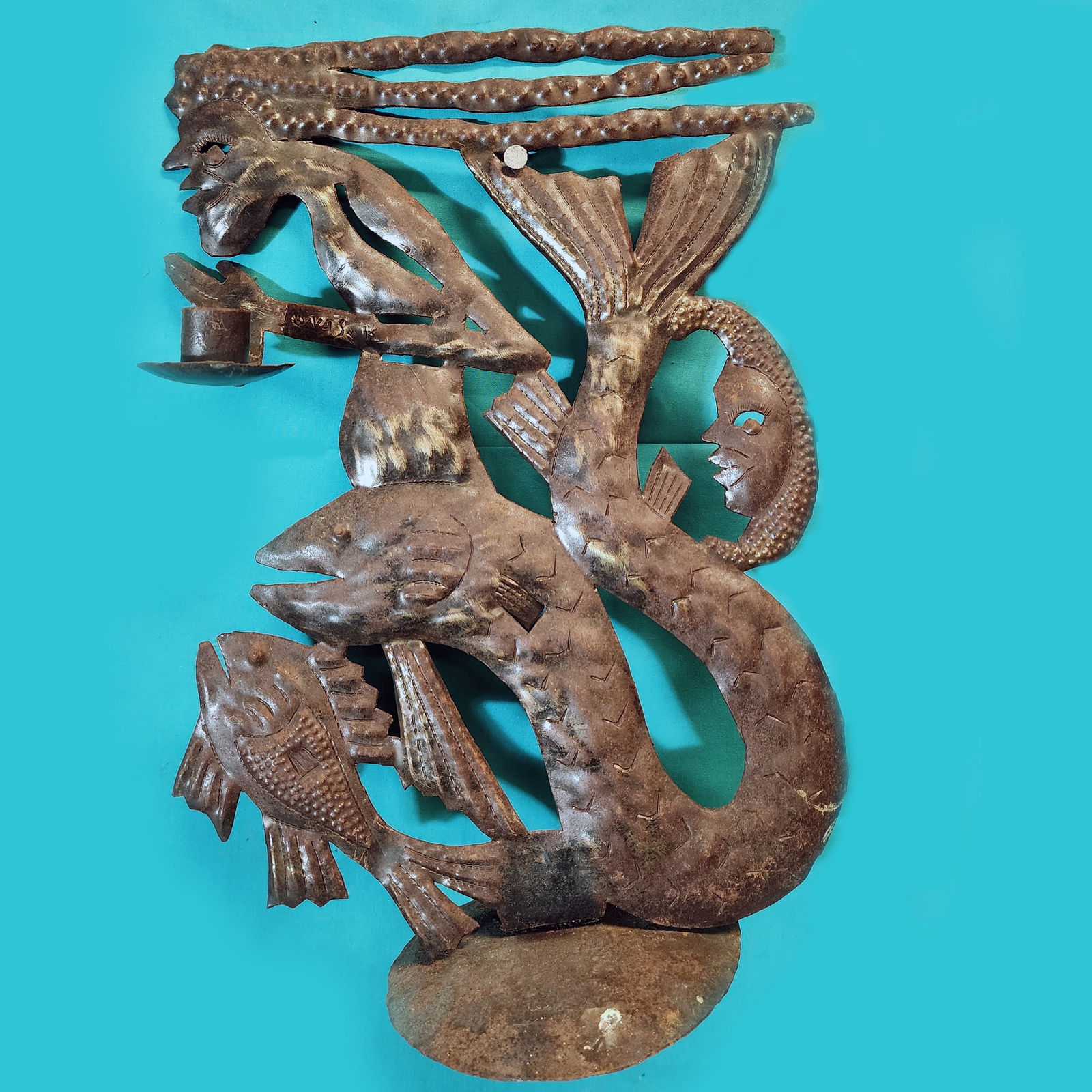 Mermaid Riding Eel on Stand - Haitian Metal Sculpture by Jonas Balan (1 of 1)