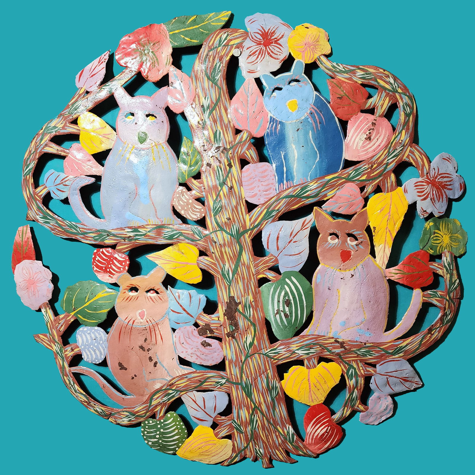 Four Cats in Tree of Life - Haitian Metal Sculpture by Metellus (1 of 1)