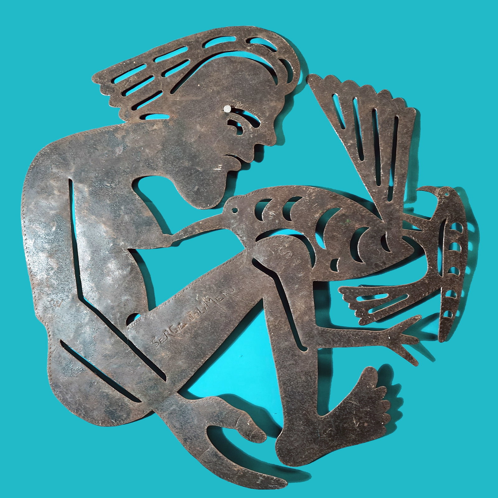 Woman with Chicken - Haitian Metal Sculpture by Serge Jolimeau: Woman with Chicken - Haitian Metal Sculpture by Serge Jolimeau Hand Carved Metal Sculpture Painted Brown