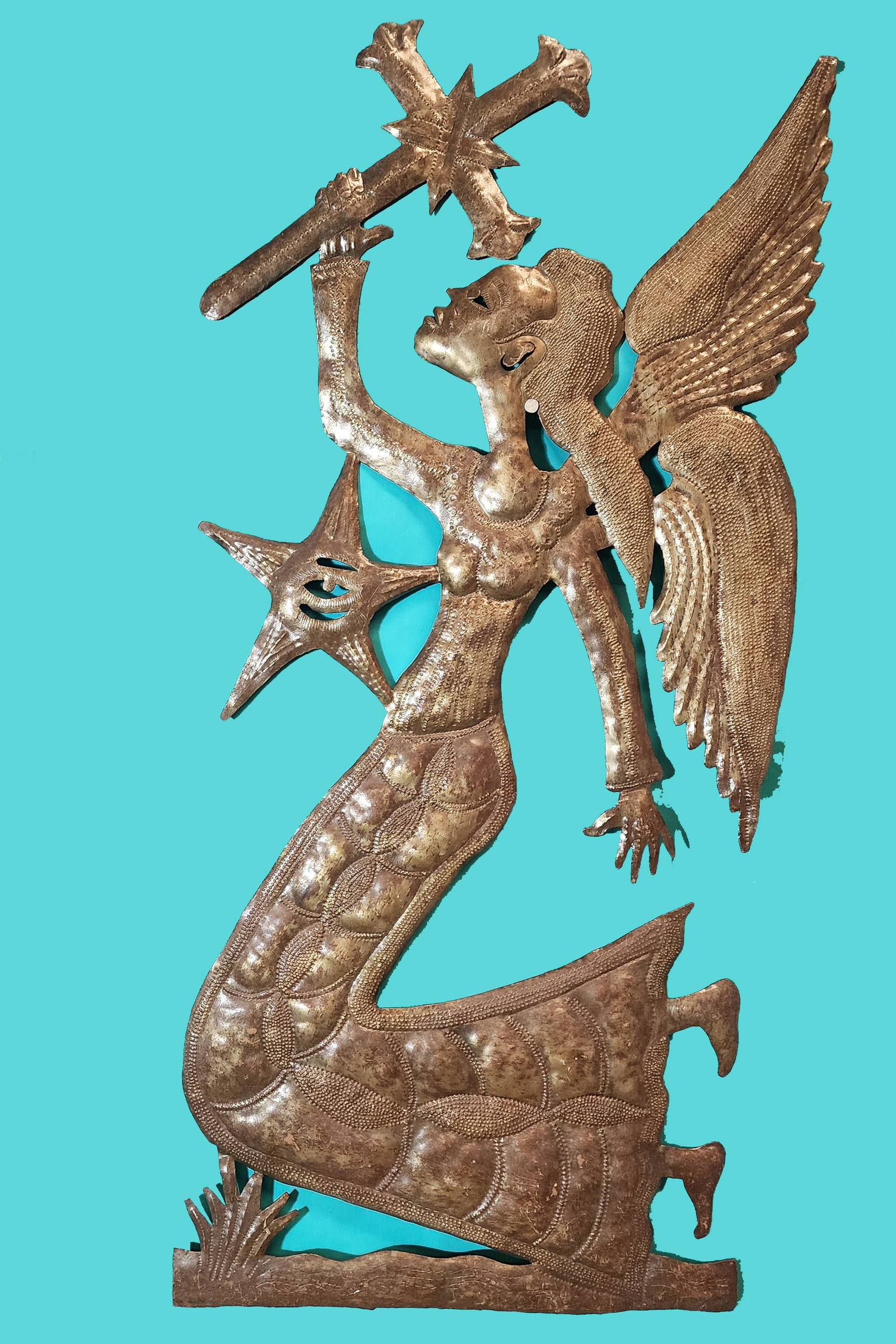 Angel Holding Cross - Haitian Metal Sculpture by Jean Sylvestre: Angel Holding Cross - Haitian Metal Sculpture by Jean Sylvestre Hand Carved Metal Sculpture