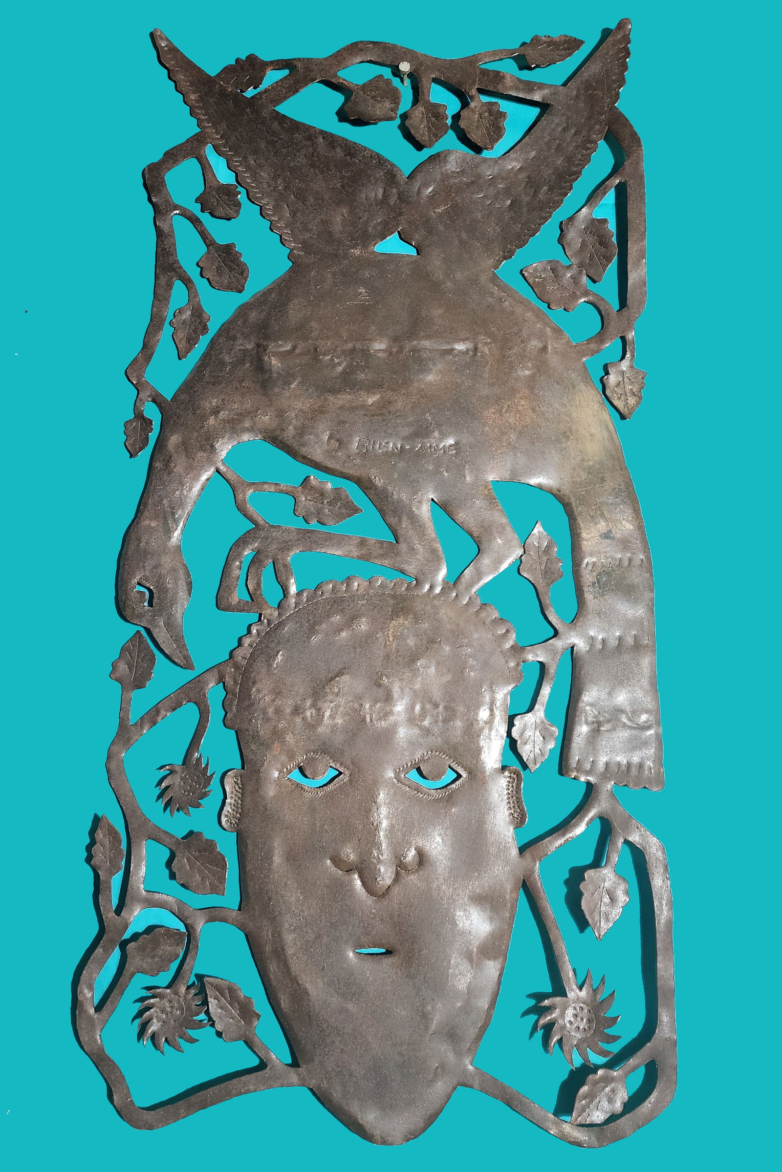 Face with Bird on Head - Haitian Metal Sculpture by Gabriel Bien-Aime (1 of 1)